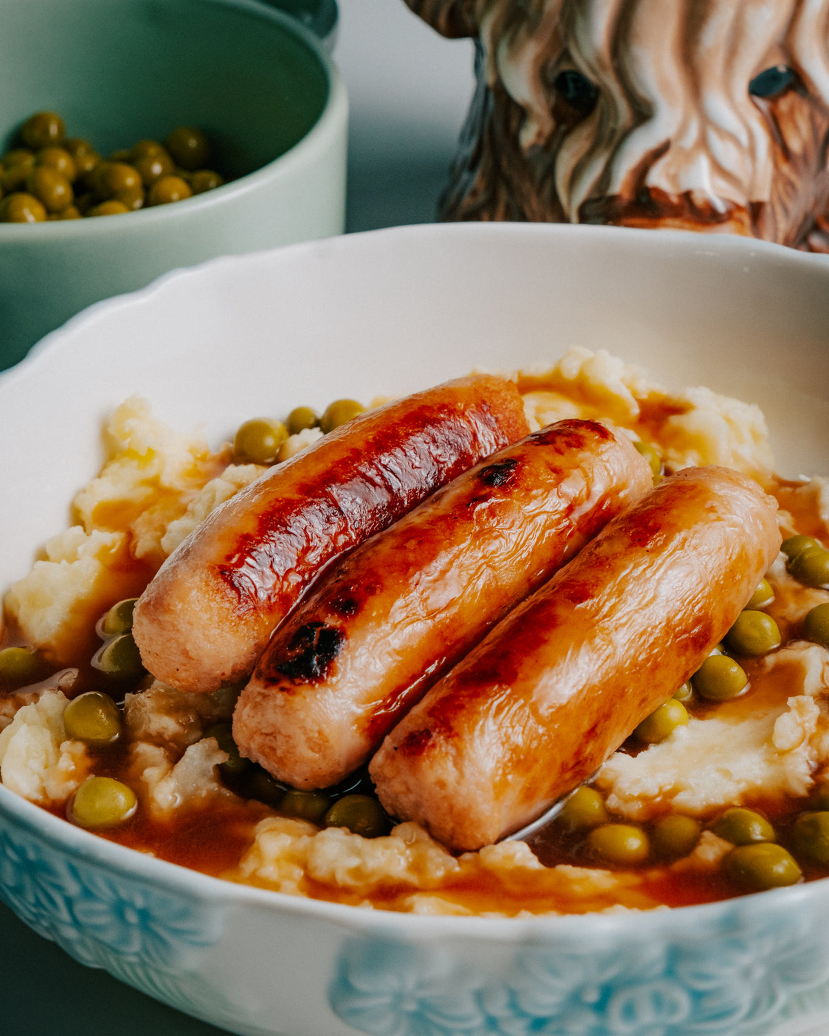Sausage & Garlic Mash with Peas