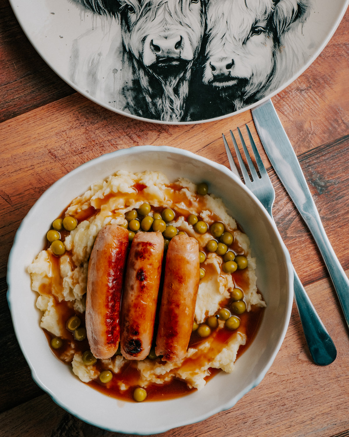 Sausage & Garlic Mash with Peas