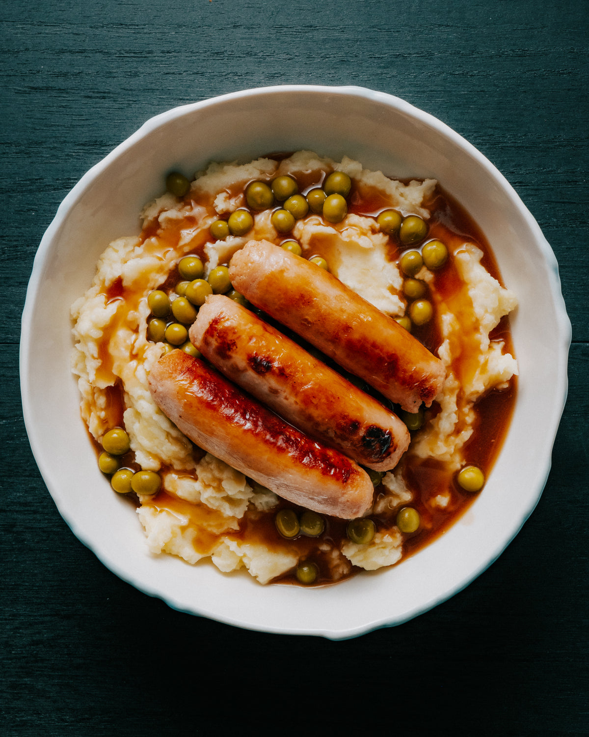 Sausage & Garlic Mash with Peas